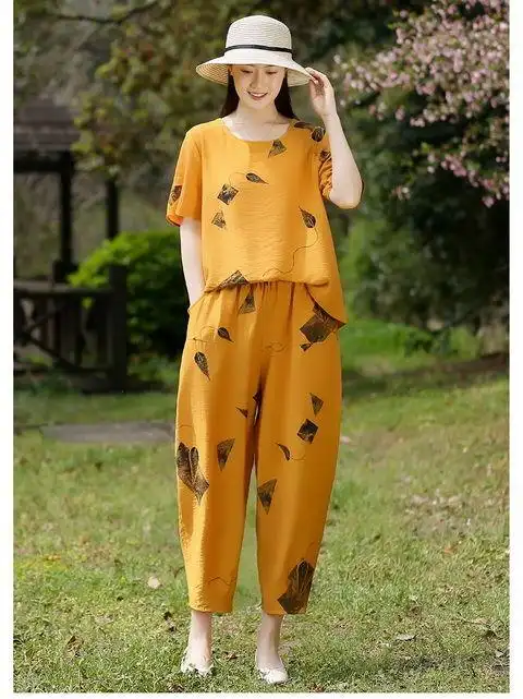 素订棉麻女装官方夏款套装素素杭州中年妈妈棉麻两件套夏装洋气短袖