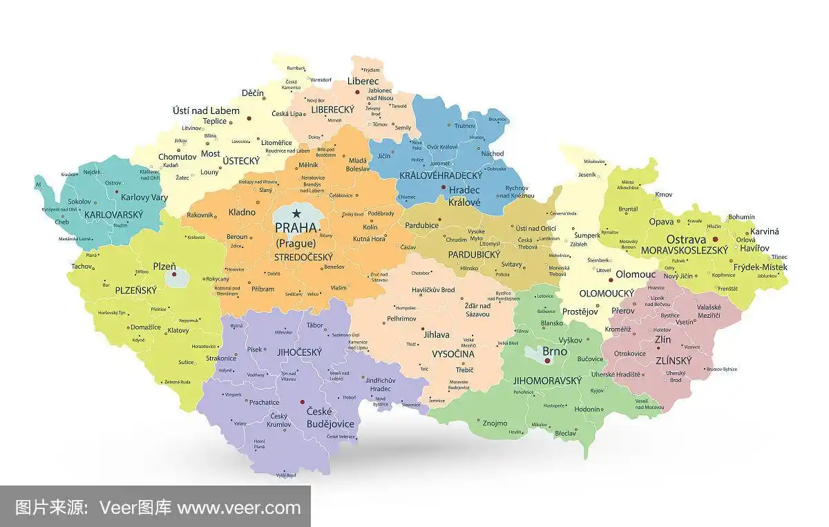 捷克共和国行政地图孤立在白色上