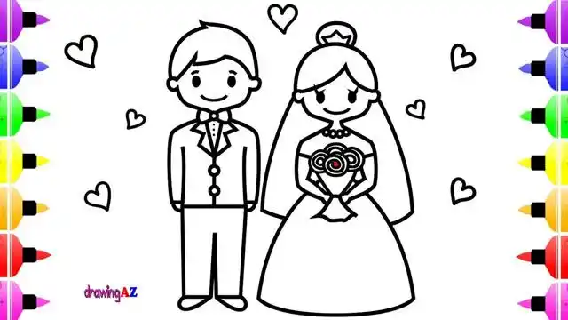 儿童简笔画:画出新郎新娘并涂上漂亮颜色,太有趣了