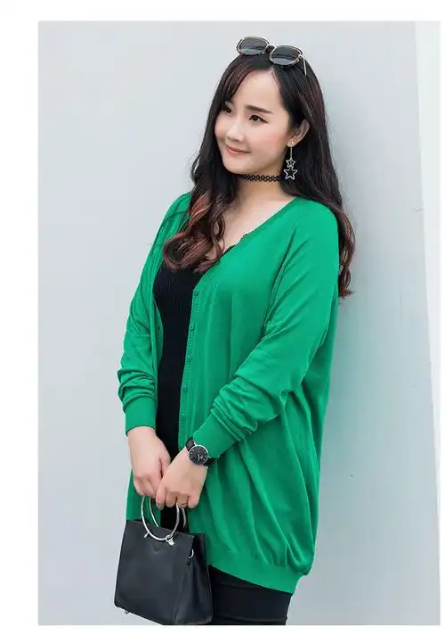 胖mm大码女装秋装v领宽松上衣外套女纯色加肥加大针织开衫中长款