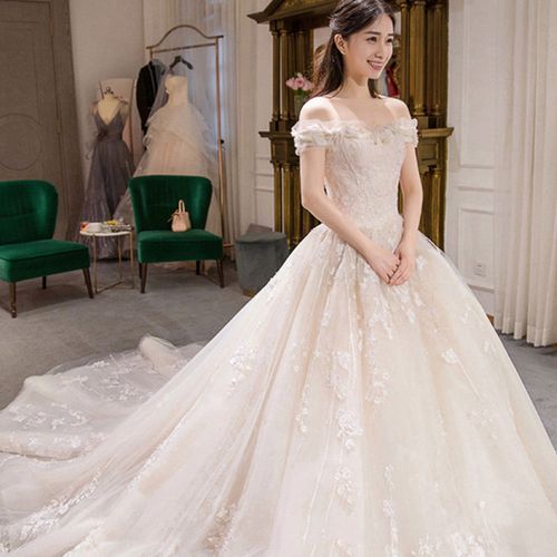 网红抖音轻婚纱2020新款一字肩森系小个子新娘结婚拖尾孕妇礼服女