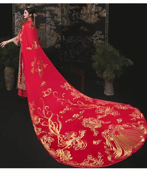 拖尾秀禾服新娘2020新款结婚中式婚纱凤冠霞帔嫁衣披风秀禾秀和服