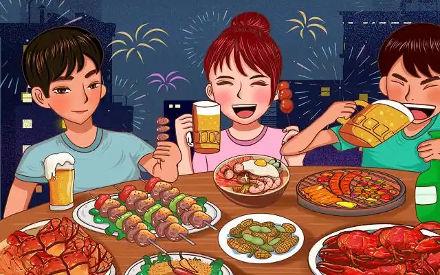 彩色卡通手绘夜市烧烤男生女生欢乐聚会美食大餐原创插画海报