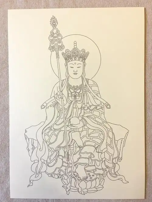 千业地藏王菩萨画像线稿图白描临摹描金涂色手画佛像纸质手画diy唐卡