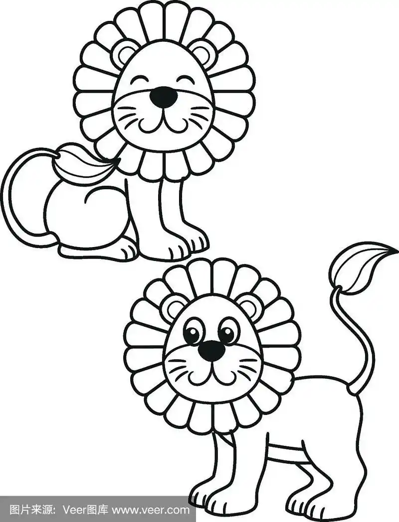 可爱的卡通狮子,矢量黑白插图为儿童着色或创意