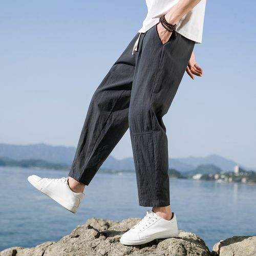 棉麻裤男士夏季薄款九分裤宽松直筒中国风亚麻长裤子男百搭休闲裤