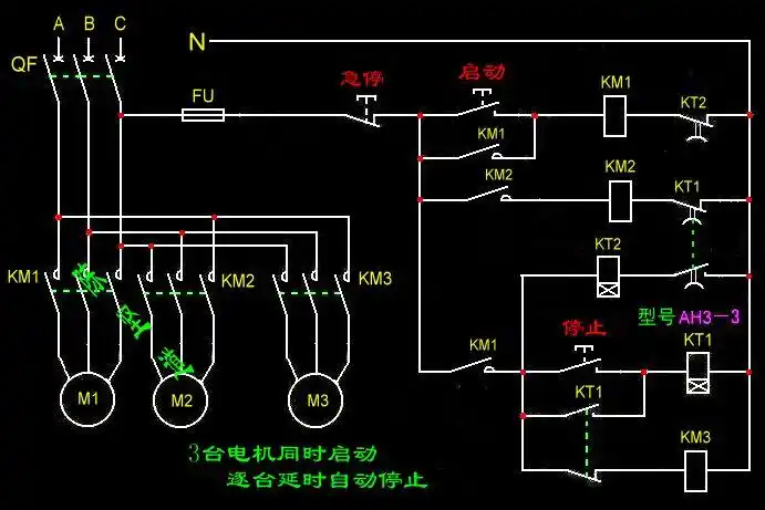 设计三台y型电动机的控制电路,要求启动时三台电动机同时启动停机时
