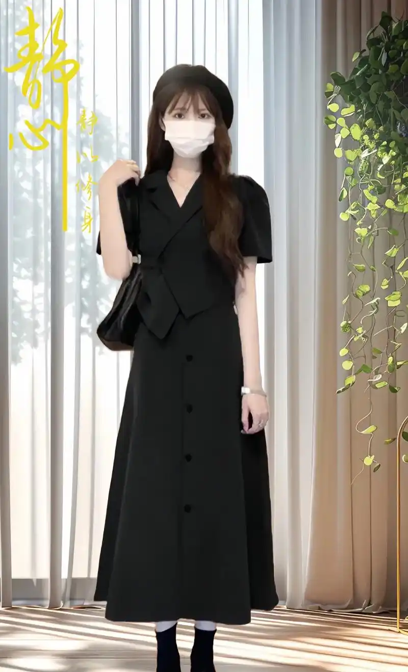 时尚两件套裙子～2024夏季新款,适合梨型一整套法式