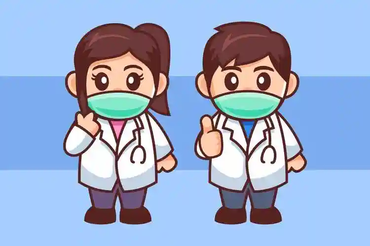 戴口罩医生卡通人物矢量插画 young couple doctor wear medical mask