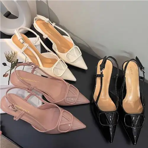 法式细跟单鞋尖头v扣后空包头凉鞋粉裸色漆皮高跟鞋女-阿里巴巴