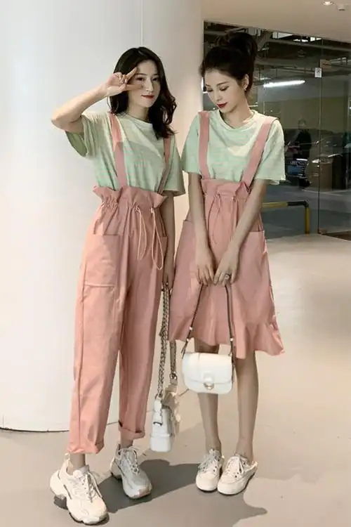 夏季韩版新款学生显瘦条纹短袖t恤 花苞背带裤闺蜜装套装两件套