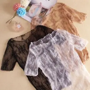 短袖内搭女打底衫网纱蕾丝衣服夏天薄纱透视镂空低领透明纱网上衣