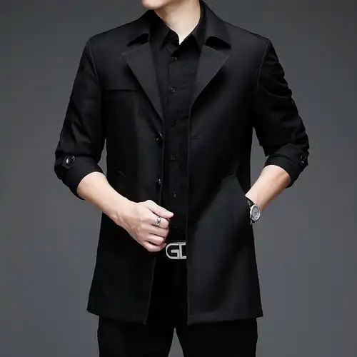 恒源祥春秋单排扣西装领中长款风衣男士外套男装茄克衫英伦休闲免烫
