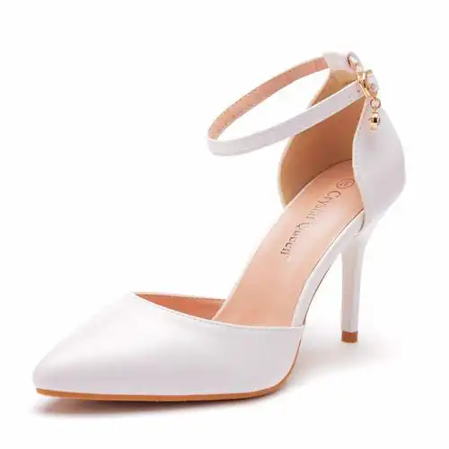 外贸大码高跟鞋细跟尖头凉鞋一字扣带大码凉鞋婚礼宴会白色新娘鞋