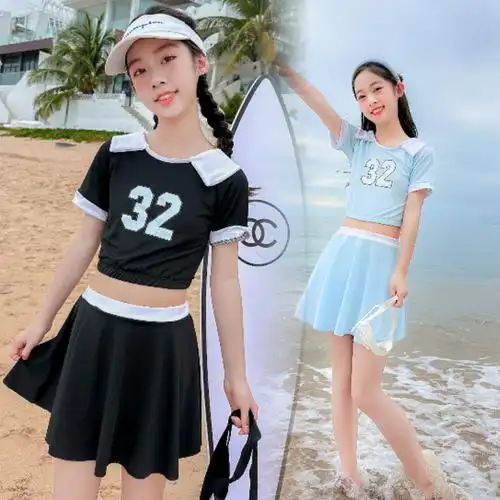 新款儿童泳衣女女童分体女孩中大童15岁少女游泳衣初中生青少年