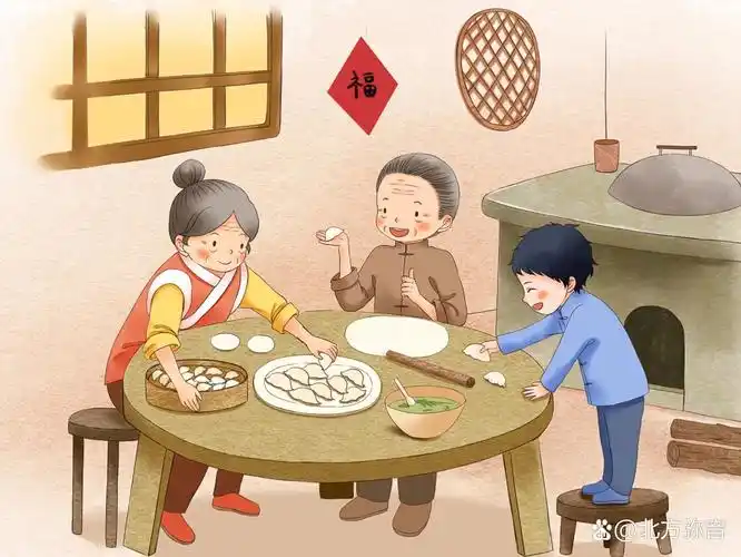 冬至插画|冬至一家人包饺子