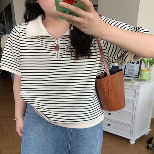 大码胖女生装设计感翻领条纹微胖夏天 白色条纹小众/百搭 l100-120斤