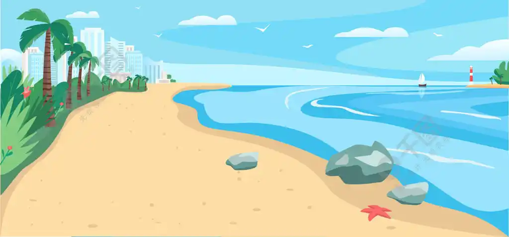 以城市为背景的海滨 2d 卡通景观.沙滩和海平面颜色矢量图