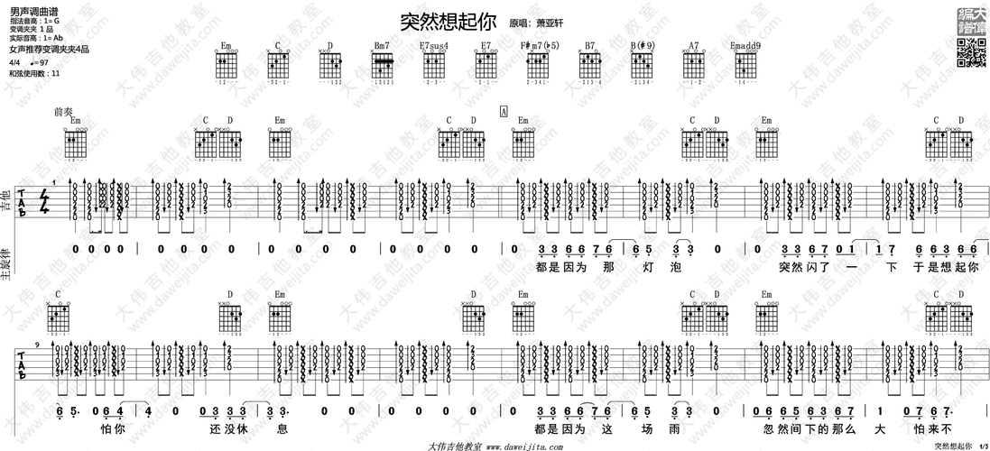 突然想起你吉他谱-1