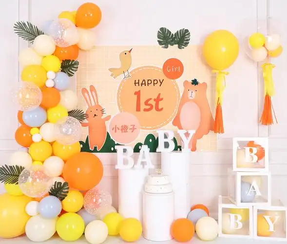 宝宝满月百天1一周岁生日布置场景装饰马卡龙气球卡通动物背景墙