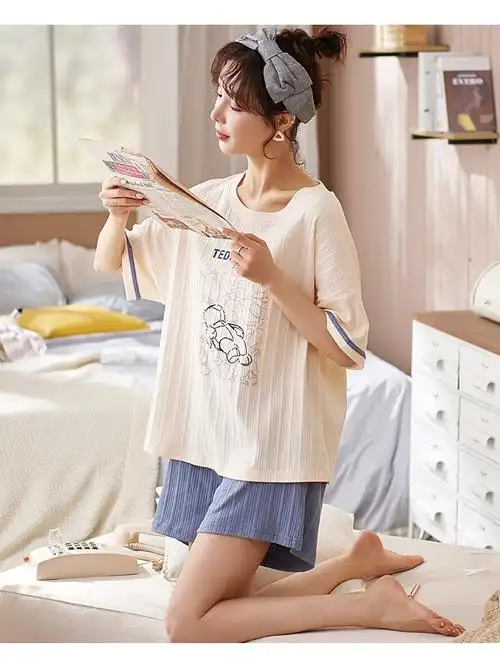 莫代尔睡衣女夏季短袖短裤休闲韩版少女可外穿女士家居服套装xl建议