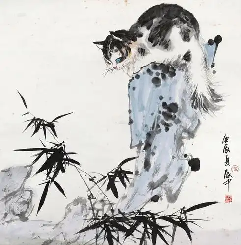 0053 庚辰(2000年)作 猫趣 镜片 设色纸本