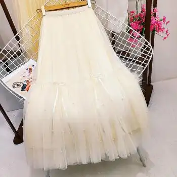 纱纱裙半身两面穿网纱钉珠仙女半身裙2022春夏新款高腰百褶纱裙中长款