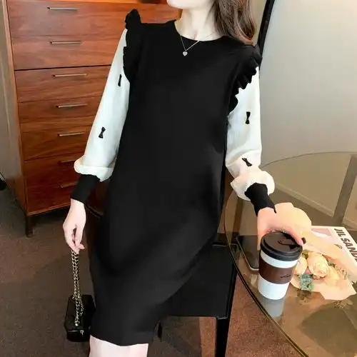 蝴蝶结针织衫连衣裙假两件毛衣裙子打底裙女2021秋冬新款