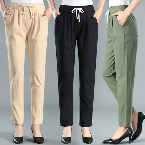 2020夏季中老年女裤全棉长裤子大码中年人妈妈装松紧腰休闲纯棉裤