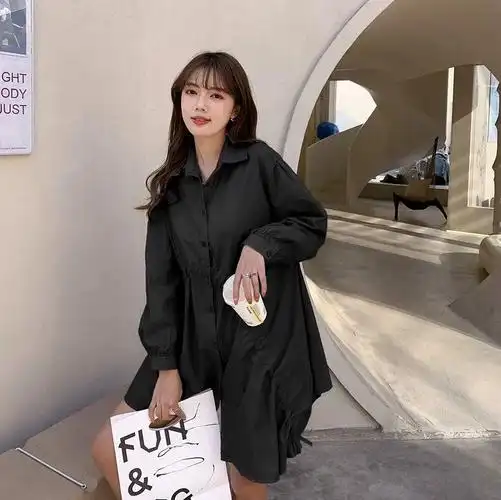 hic小白气质衬衫连衣裙中长裙2021秋季韩版女装新款色长袖