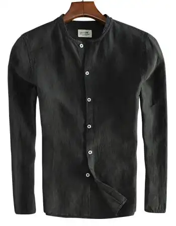 衬衫男长袖 棒球领休闲立领修身型纯色亚麻衬衫透气棉麻料衬衣男 灰色