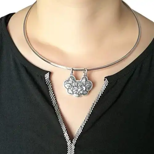 个性实心999纯银项圈民族风花开富贵长命锁银锁吊坠大人女款_4折现价