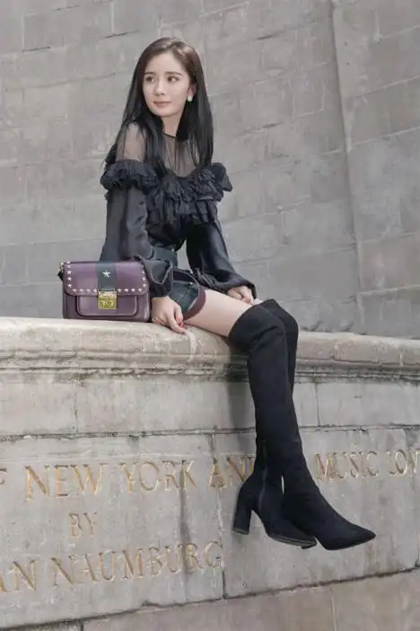 秋冬新款杨幂明星同款气质显瘦粗跟高跟鞋过膝系带弹力靴长筒靴子