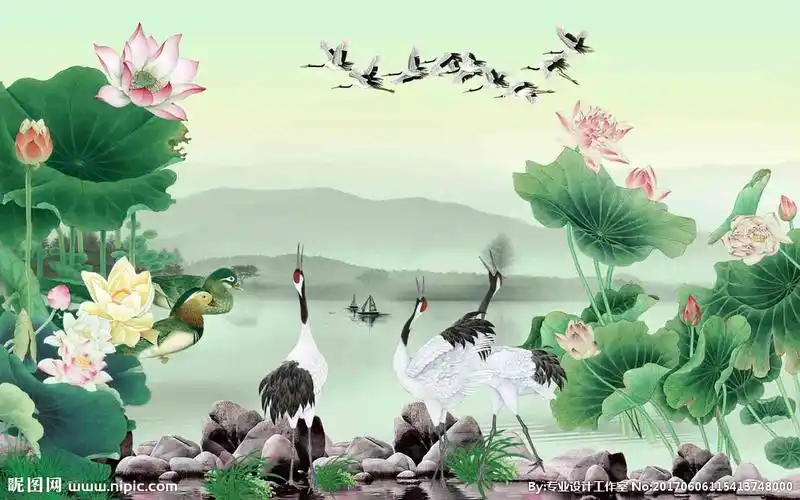 荷花仙鹤图图片