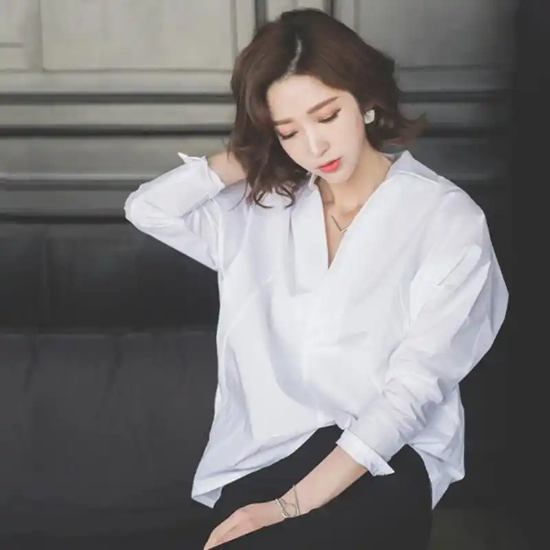 女装衫衣长袖_2019新款v领白衬衫女宽松韩版长袖休闲女装上衣洋气套头