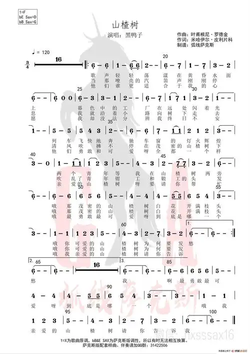 山楂树(简谱&萨克斯五线谱)