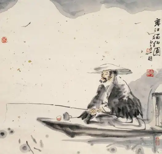 01521996年作寒江独钓图镜片设色纸本