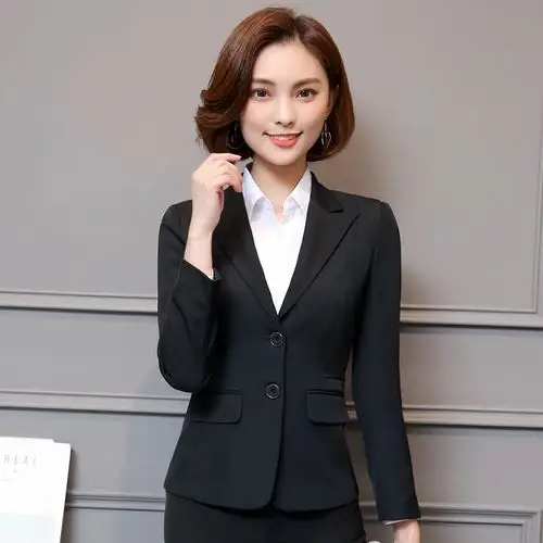 新款长袖职业装西装套装黑色长裤衬衫西服裙
