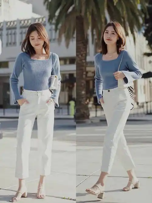 白色长裤搭配百看不厌的白裤子