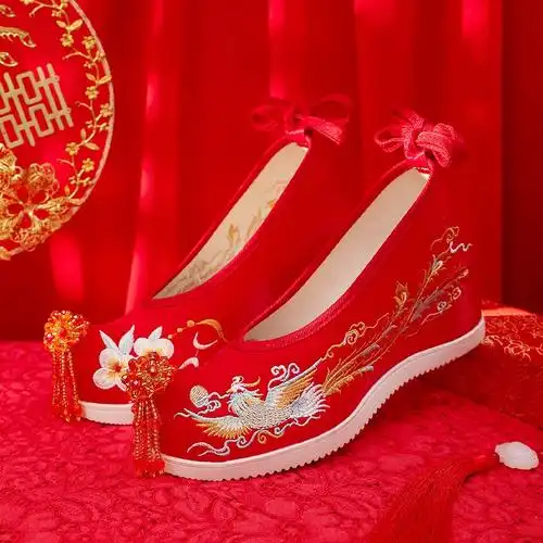 流苏古风旗袍绣花鞋红色中式子秀禾新娘婚鞋内增高鞋原创汉服婚鞋