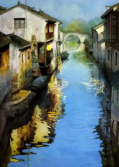 江南水乡田园风景画小桥流水人家水彩画高清素材