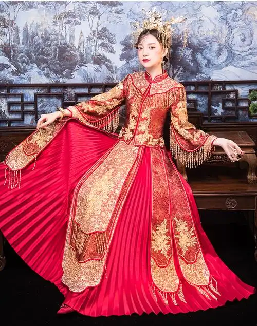 秀禾服新娘2021新款拖尾婚纱中式中国风凤冠霞帔古装嫁衣出阁服冬