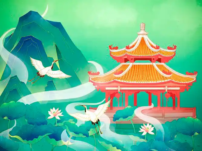 潮州西湖公园湖心亭建筑清新中国风国潮插画