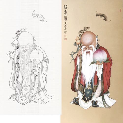 国画工笔画老寿星吉祥人物神仙熟宣纸白描底稿可直接上色线描稿