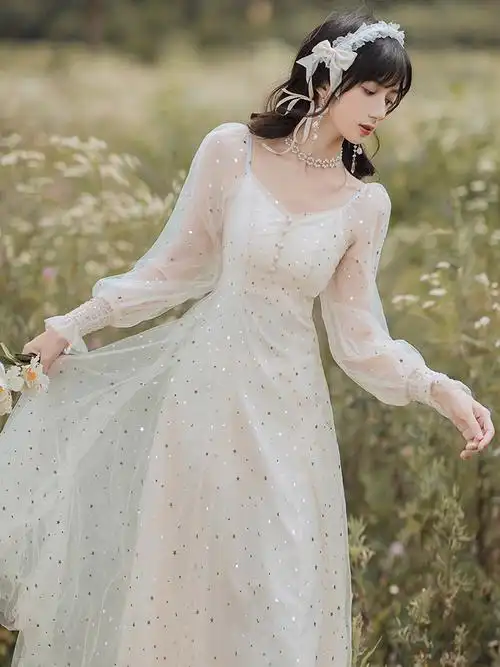 2021早秋新款超仙气网连衣裙气质收腰温柔风星连衣裙