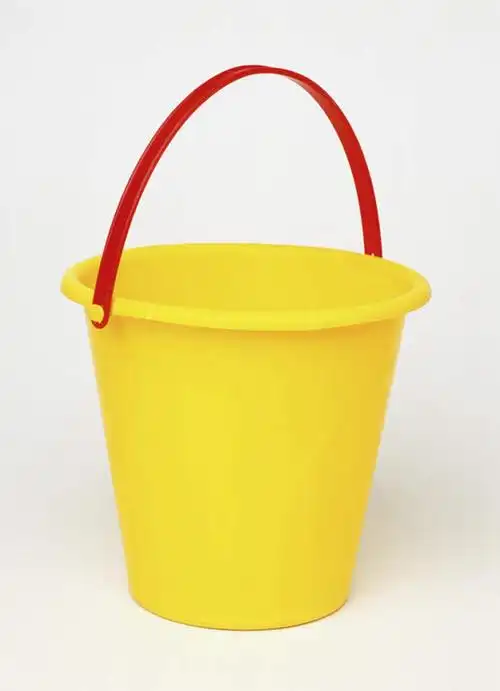 白天,白色背景,正面,静物,水桶,桶,塑料,一个,黄色,容器,塑料制品