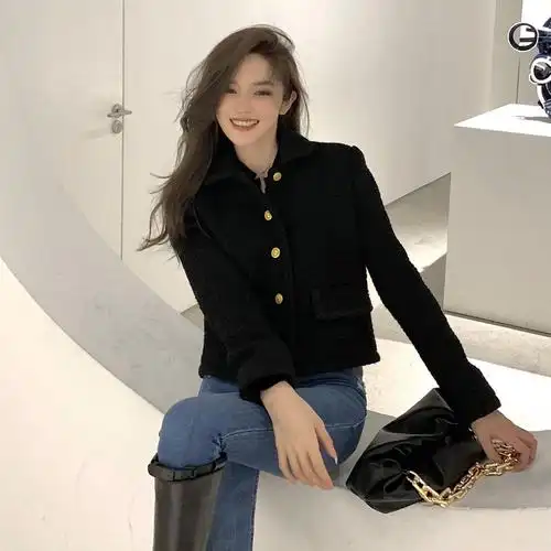后达宜短外套女2020秋季新款罗马假日精致小香花呢黑色复古上衣 黑色