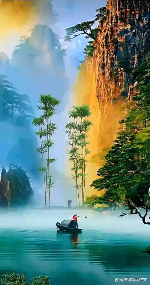 山水画,题图诗七绝,此景只应天上有!