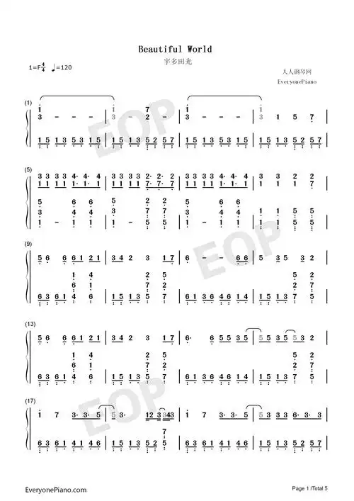 beautifulworld福音战士新剧场版序主题曲宇多田光双手简谱预览1