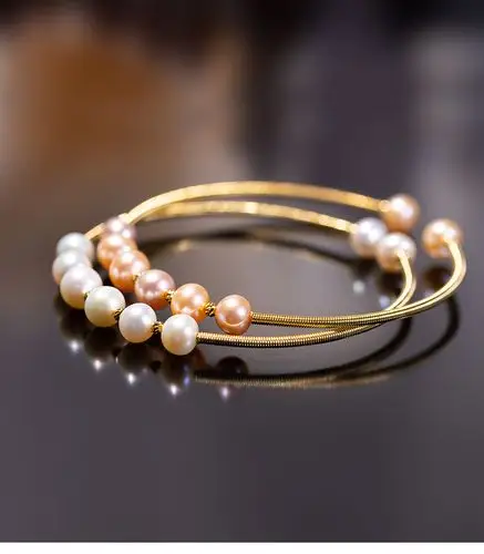 绮丽珍珠时尚款14k注金绕线天然糖果色淡水6-7mm珍珠手镯-阿里巴巴